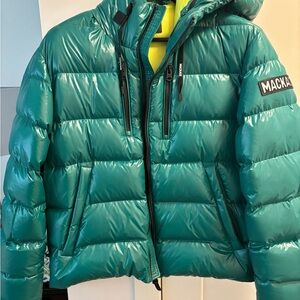 Mackage Teal Shiny Quilted Puffer with Neon Yellow Lining
